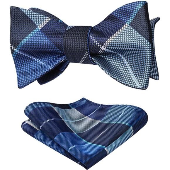 Bow Ties for Men Check Plaid Self Tie Bow Tie and Pocket Square Bowtie Formal - Picture 1 of 6